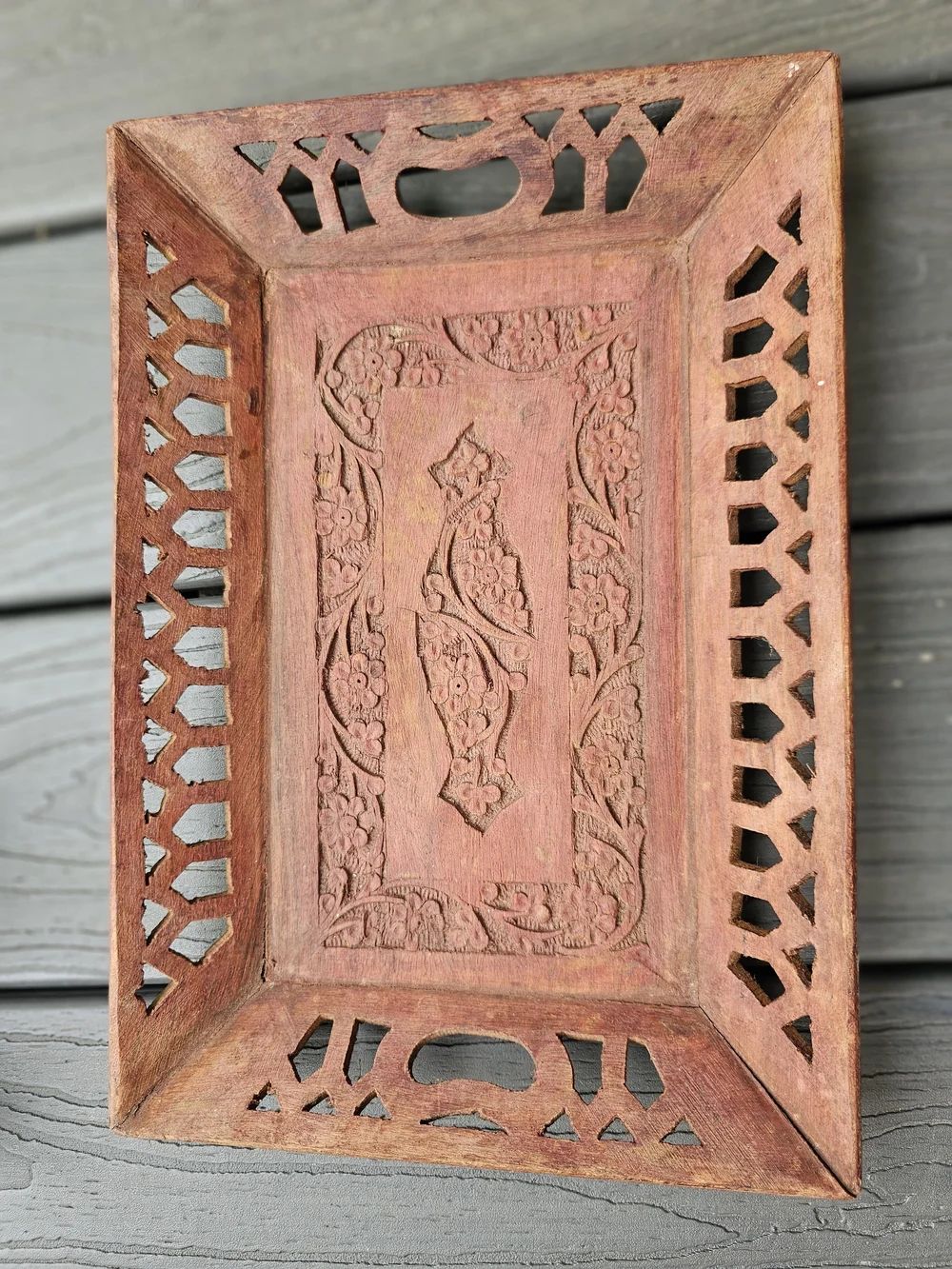 Vintage Hand Carved Wood Serving Tray India Boho Lattice Cutout Floral